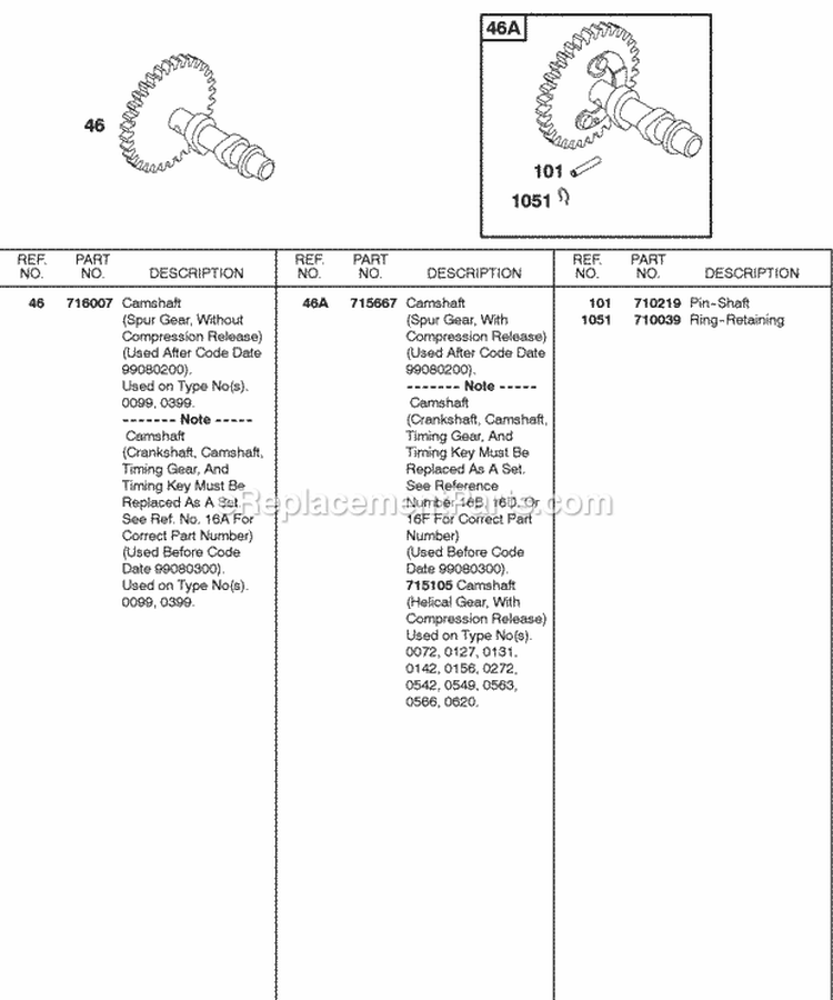 Camshaft Diagram and Parts List for 185432-0571-E1  Briggs and Stratton Engine
